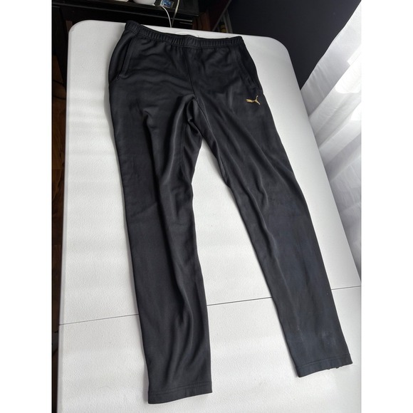 Puma Track Pants Athletic Training Warm Up Black Gold Logo Mens Size L - Picture 1 of 6